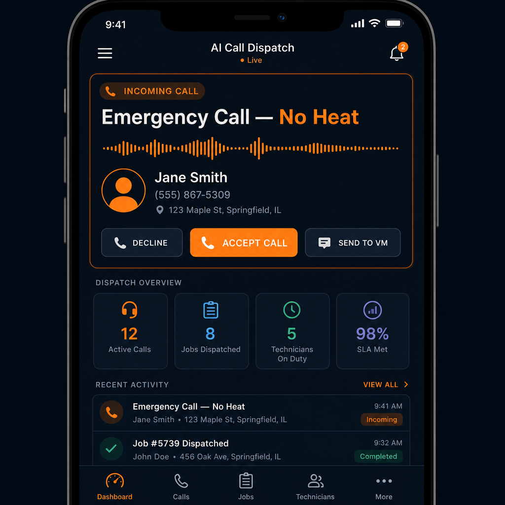 Dispatchia AI call dispatch dashboard showing emergency call routing